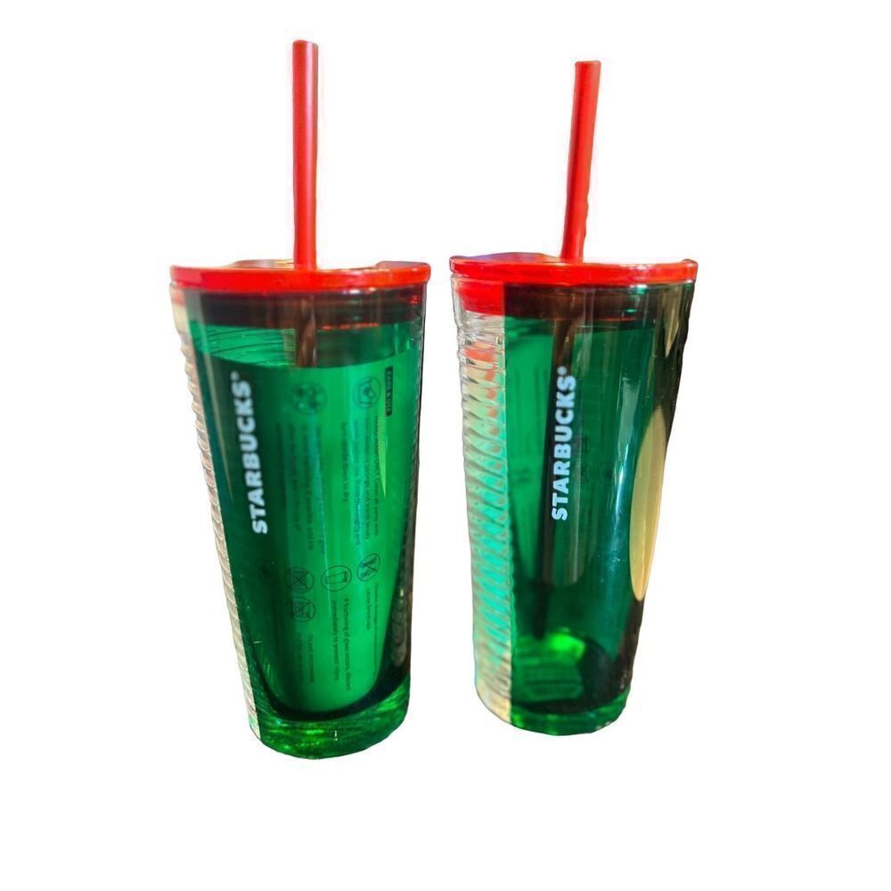 Starbucks 2021 Holiday Green & Red Glass Tumbler Set With Lid & Straw NWT 18oz